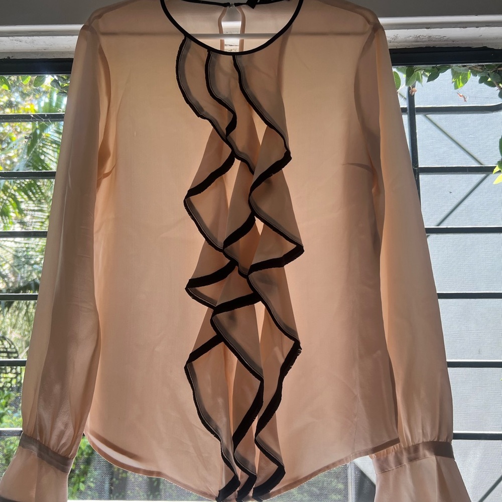 Karl Lagerfeld Pastel Pink Silk Ruffled Long Sleeve Blouse